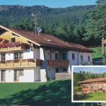 foto van vakantiehuis Geiger met op de achtergrond bergen met bomen. inzetfoto klein houden huisje